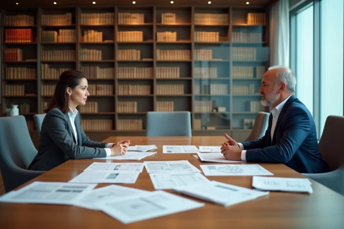 Avocate et architecte discutant des coûts d'expertise judiciaire bâtiment autour de documents techniques et devis dans un bureau juridique