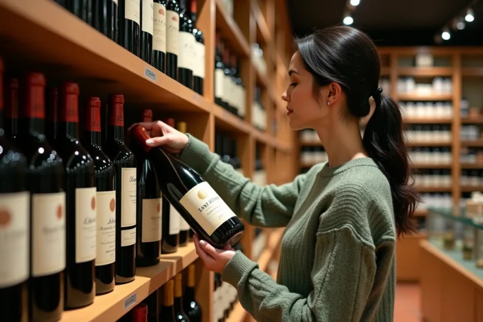 Femme choisissant une bouteille de Meursault Louis Jadot dans une cave à vins parisienne spécialisée en Bourgogne