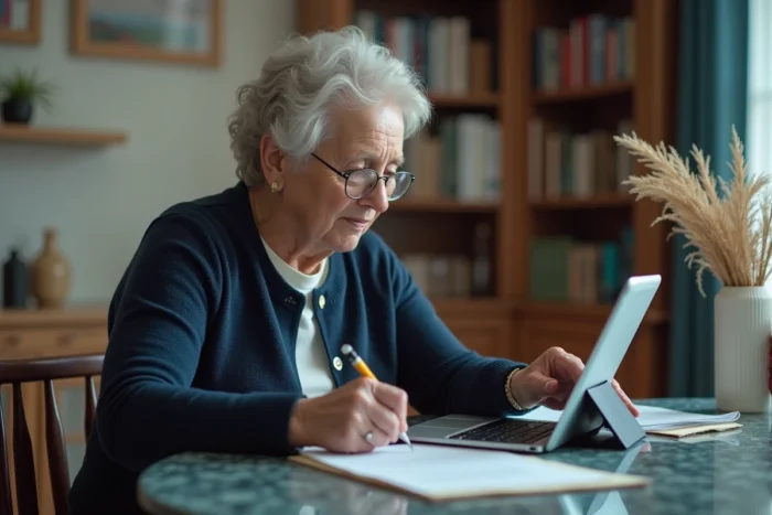 Femme senior mettant à jour son adresse postale sur une tablette via l'espace client de la Banque Postale